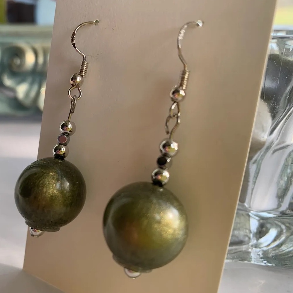 Army green ball drop earrings
